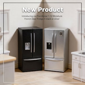 May include: Miniature French door fridges in black and silver. The fridges have a water dispenser and a bottom freezer drawer. The text "New Product" and product details are displayed above the fridges.