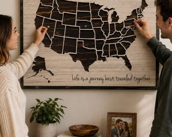 USA Travel Map Push Pin Wall Art, Wooden United States Map, Anniversary Gift for Couple, Wedding Gift, Rustic Home Decor