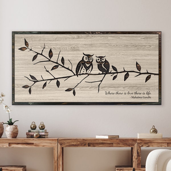 Enchanting Owls Perched on Branch - Cabin and Nature Art - Custom Wood Wall Art - Love & Affection - Wedding anniversary gift idea