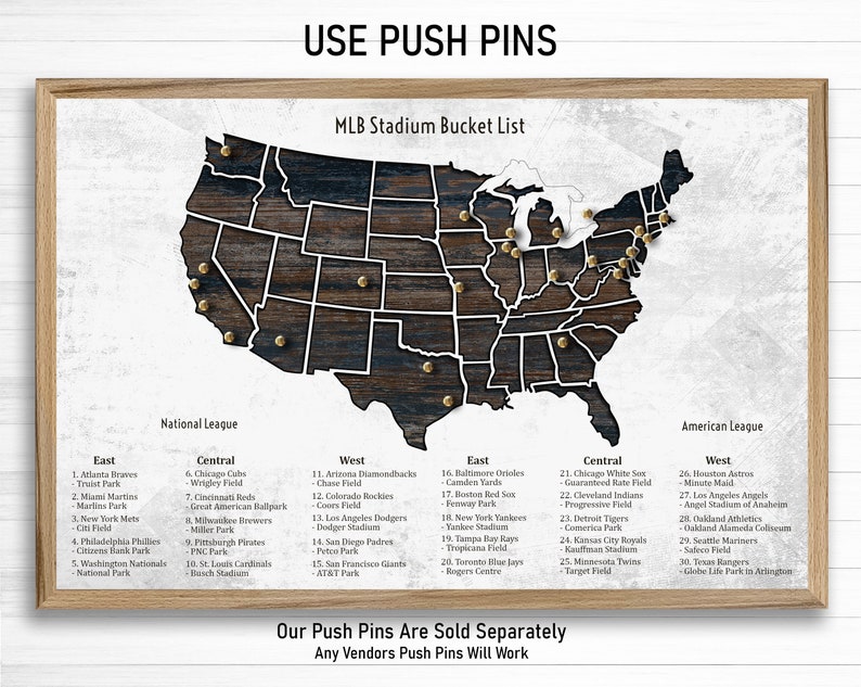 Push Pin Baseball Bucket List US Map | All Ball Parks Listed | Major ...