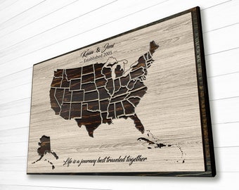 Carved US Push Pin map with Caribbean Islands - Custom US Map Wood Wall Art - Wooden Map - Wedding anniversary gift idea - Travel Pin Map