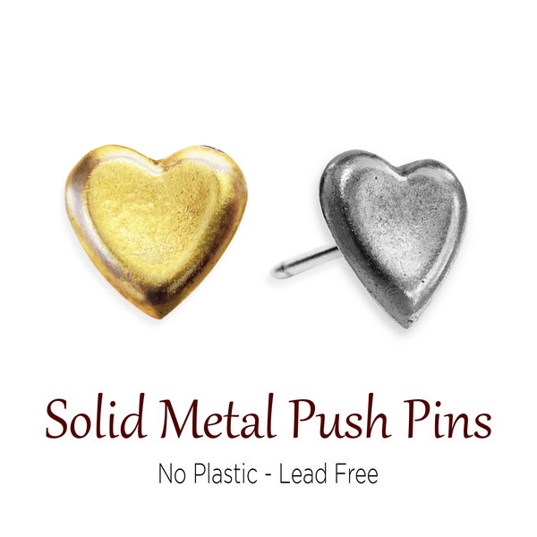 Push Pins, Gold & Silver Hearts, Heart Pushpins, Golden Antique, Solid Metal No Plastic, Mark Home or Special Places, Travels or Pin Board