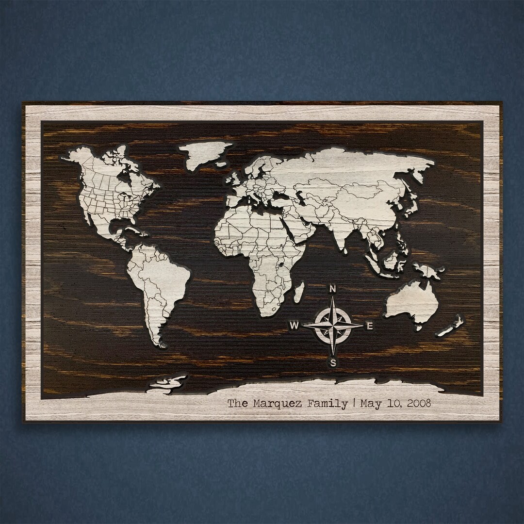 Carved World Map, Family Wall Decor, Customize, Country Lines, Compass ...