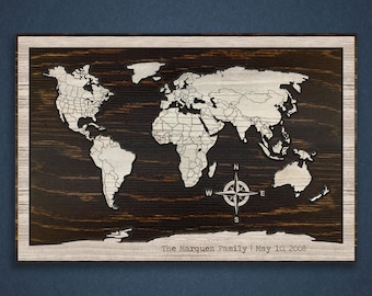 Carved World Map, Family Wall Decor, Customize, Country Lines, Compass Art, Worldly Travel, Pushpins, Mark Locations, Gift for Mom or Dad