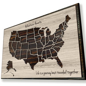 Carved wood US Map - Push pin map of the United States - Wedding anniversary gift idea - Vintage home wall decor