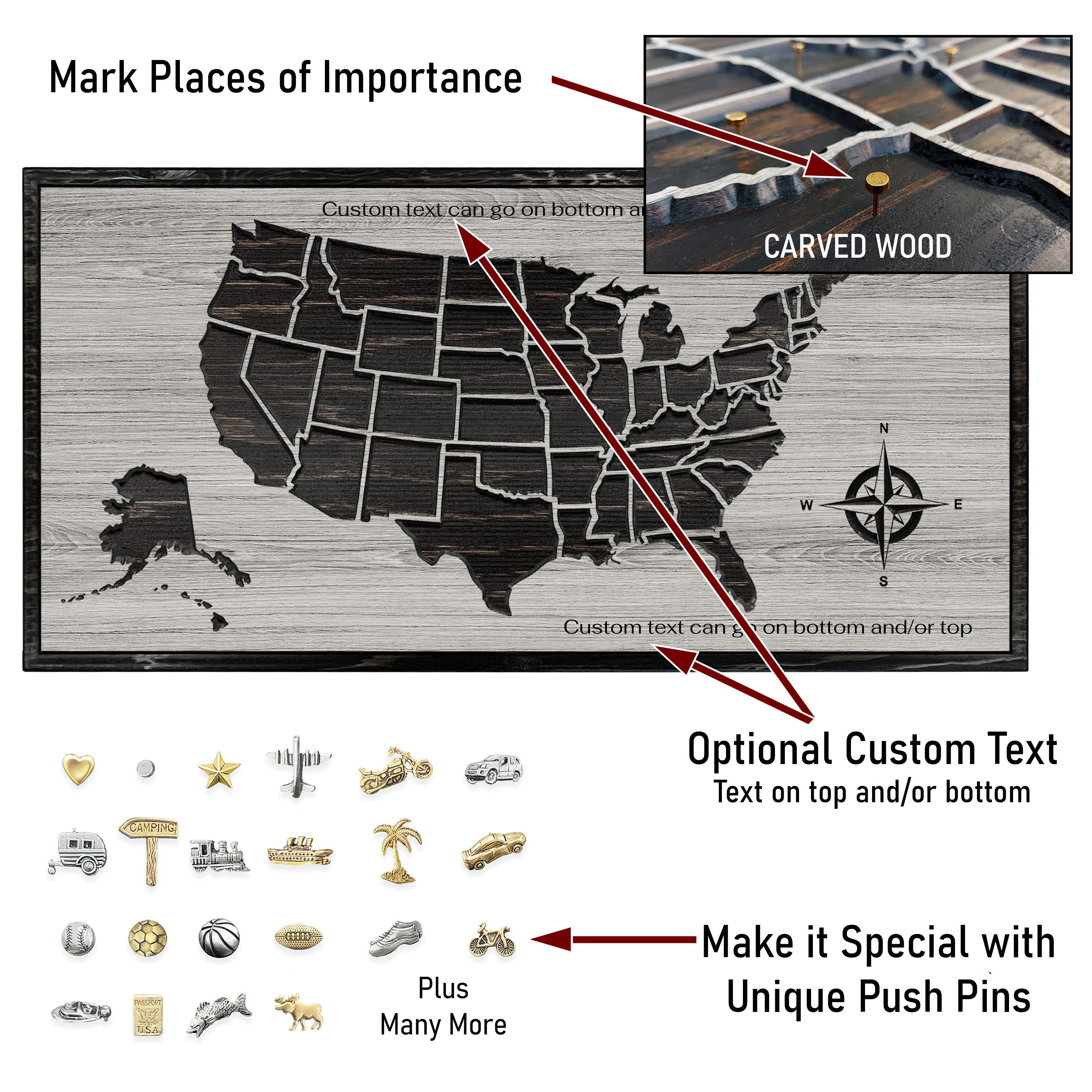 Wood Travel Map With Compass Use Push Pins to Mark Locations - Etsy