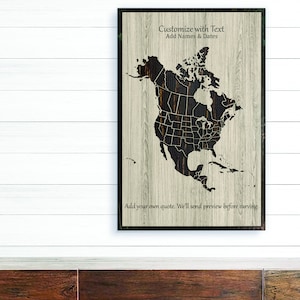 Carte sculptée avec punaises de l'Amérique du Nord - Carte de voyage pour marquer vos aventures avec des punaises - Idée cadeau d'anniversaire de mariage - Art mural bois
