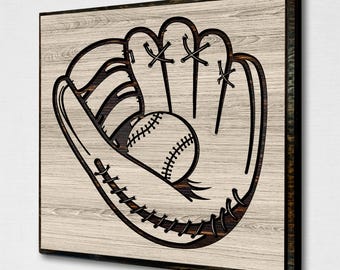May include: A black and white illustration of a baseball glove catching a baseball. The image is on a woodgrain background.