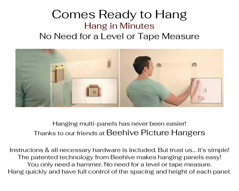 K&ouml;nnte beinhalten: Eine Person demonstriert, wie man ein Bild mit einem Beehive Picture Hanger aufh&auml;ngt. Das Bild zeigt eine Nahaufnahme des an einer Wand befestigten H&auml;ngers. Der Text auf dem Bild lautet "Comes Ready to Hang, Hang in Minutes, No Need for a Level or Tape Measure".