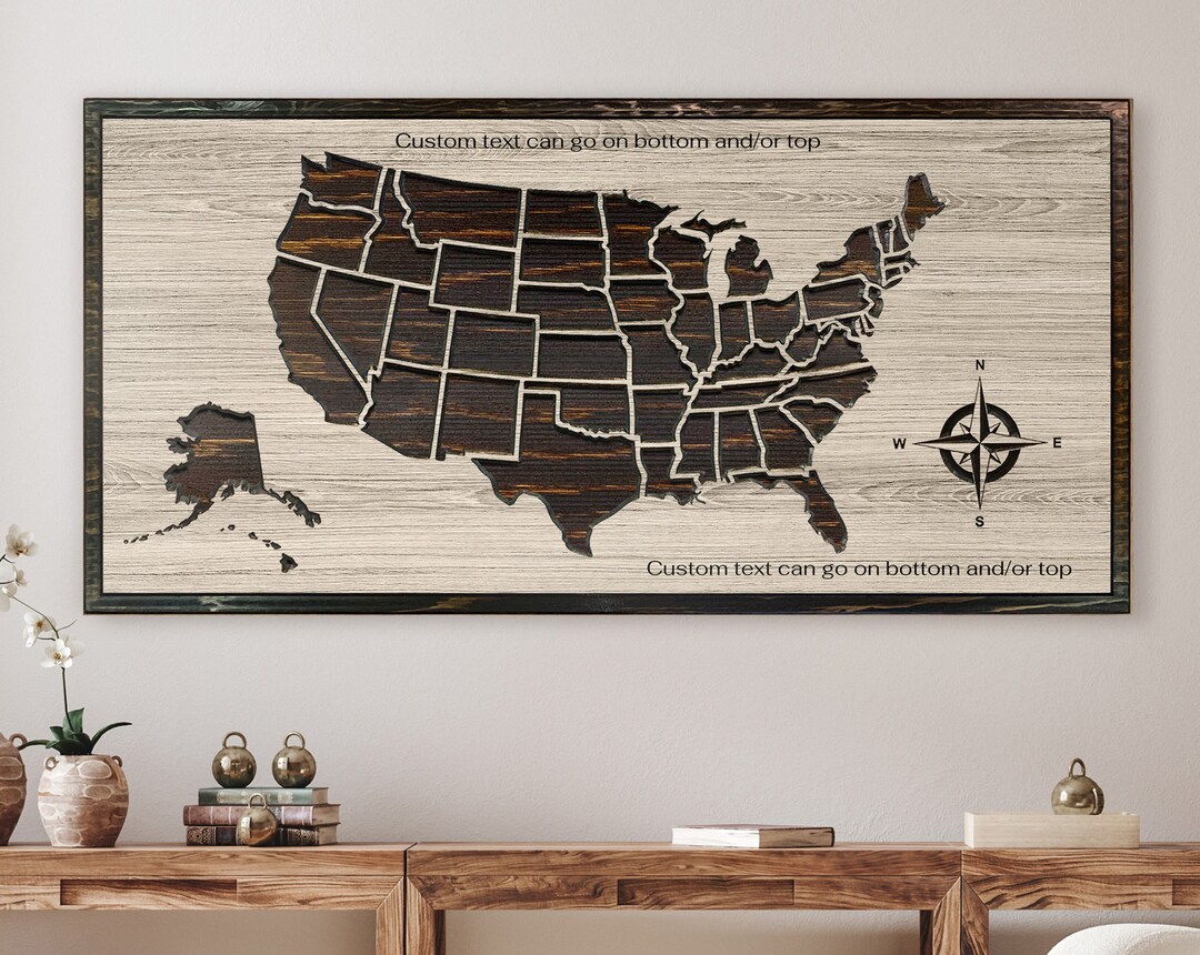 US Push Pin Map With Compass Wood Wall Art Custom US Map - Etsy