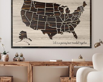 US Map Picture | Use push pins to mark travels and adventures | excellent wedding anniversary gift idea | carved into wood | personalized