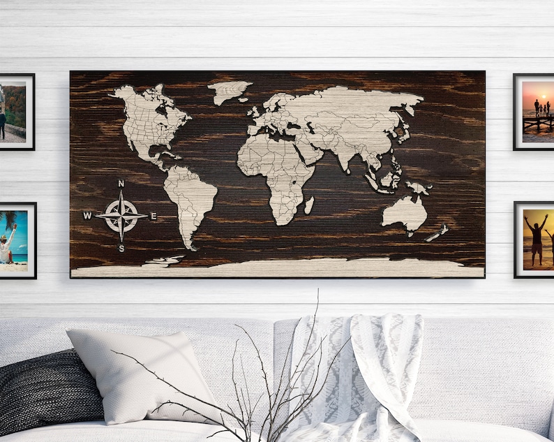 World Map Home Decor Idea Wood Wall Art Carved Country Etsy