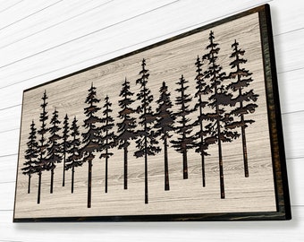 May include: A rectangular wooden wall art piece featuring a forest silhouette. The artwork showcases dark brown trees against a light wood grain background, framed with a dark border. The design is a minimalist representation of a forest.