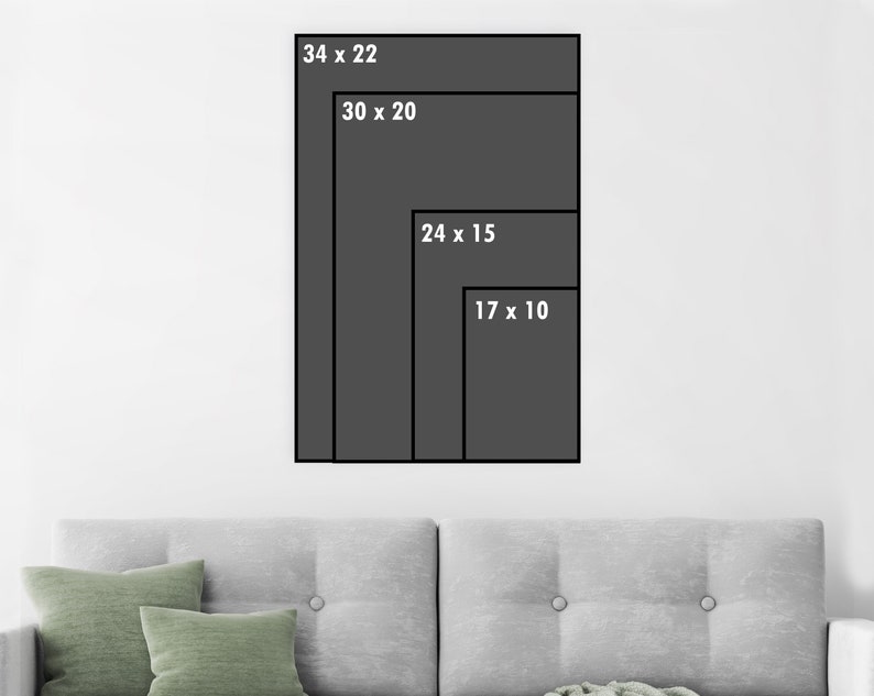 May include: Four black frames of different sizes with white text indicating their dimensions in inches. The largest frame is 34 x 22 inches, the next is 30 x 20 inches, the next is 24 x 15 inches, and the smallest is 17 x 10 inches.