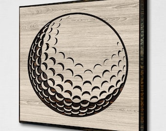May include: A black and white golf ball design on a wood background. The golf ball is outlined in black and has a textured surface.