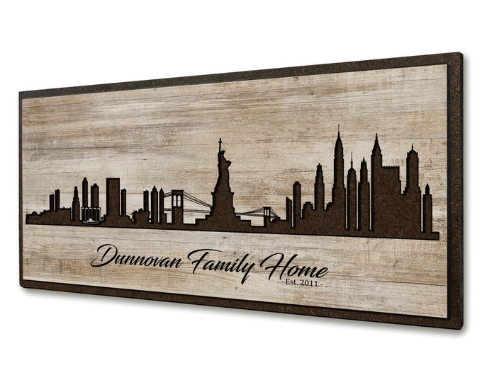 Family Name Sign with New York City Skyline, Customized Name Sign, New York City Art, New York City Welcome Sign, Wood wall art