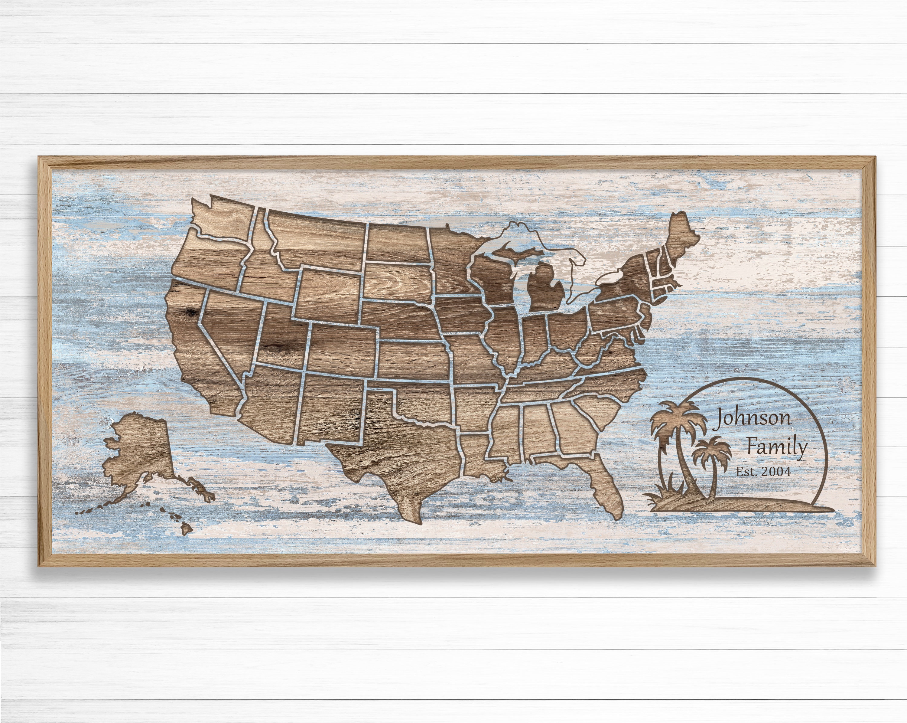 Wrapped Map Beach US Map, Framed Canvas Wrapped Map, Palm Tree Beach Art, Beach ...