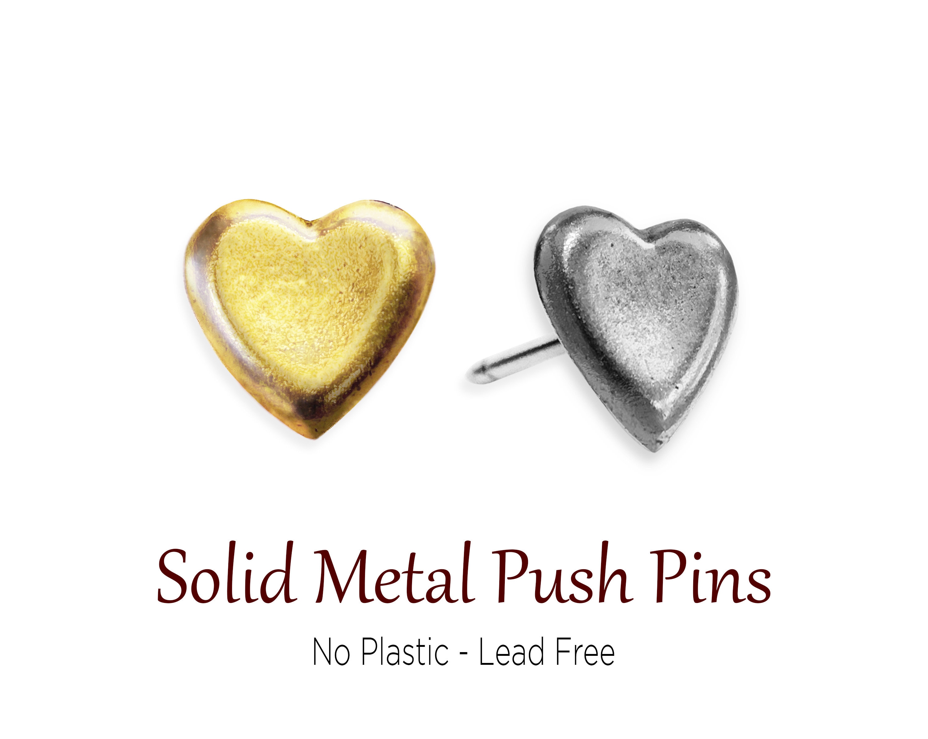 Quality Silver & Gold Heart Push Pins, Solid Metal Pins to Mark Travels, Nickel, Pushpin, No Plastic, Heart Pin, Thumbtack, Adventure Marker