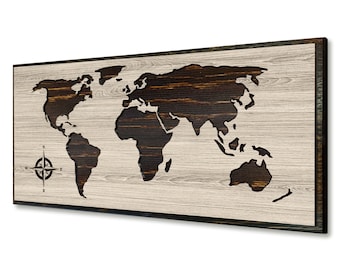 Wooden Map - World map wall art - Push pin map - Custom carved world map wall decor