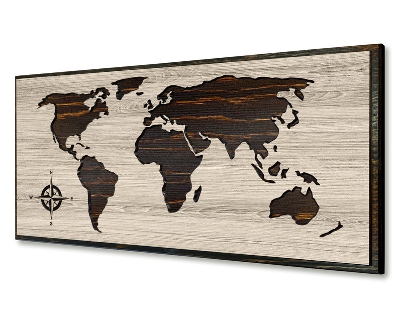 Carved Wood World Map, Rustic Home Wall Decor image 2