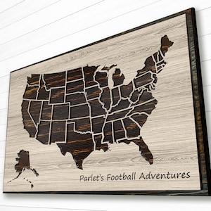 May include: A wooden map of the United States with each state outlined. The map is dark brown with a light wood background. The text "Parlet's Football Adventures" is written below the map.