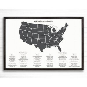 May include: A black and white map of the United States with the names of Major League Baseball teams and their stadiums listed in the surrounding areas. The title of the map is "MLB Stadium Bucket List".