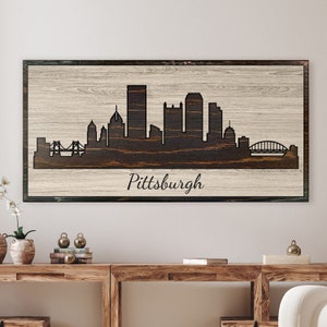 Pittsburgh Pennsylvania City Skyline Wood Wall Art - Carved and Handcrafted - Customize with your own text -Wedding or Anniversary Gift Idea