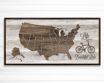 US Bicycle Map, Framed Canvas Wrapped Map, Map for Cyclists, 50 States Bike Ride Challenge, Push Pin Friendly to Mark Bike Races & Trips!