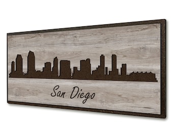 San Diego, California Skyline home wall decor wood wall art, Carved into wood, lightweight easy to hang, Add name dates quotes