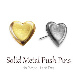 Gold & Silver Heart Push Pins, Golden Hearts, Pushpin, Antique Gold, Nickel, Solid Metal No Plastic, Thumbtack, Travel Marker Pin, Corkboard