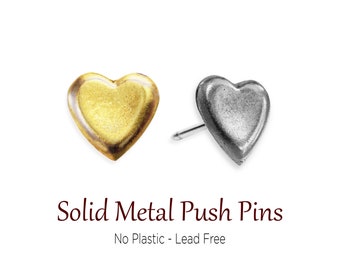 Gold & Silver Heart Push Pins, Golden Hearts, Pushpin, Antique Gold, Nickel, Solid Metal No Plastic, Thumbtack, Travel Marker Pin, Corkboard