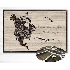 Art mural carte de l'Amérique du Nord avec punaises - carte en bois sculpté - îles des Caraïbes - lignes d'état et de province - personnalisation - facile à épingler et à accrocher