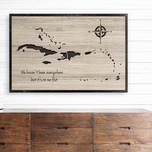 Carte des Caraïbes avec punaises - carte pour marquer les voyages dans les îles - carte de voyage de vacances - idée cadeau d'anniversaire - mari ou femme - carte en bois