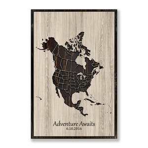 Carte de l'Amérique du Nord, sculptée, art mural 3D, l'aventure vous attend, anniversaire, carte avec punaises, États-Unis, Mexique, Canada, art mural bois, rustique, idée cadeau