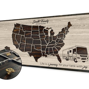 RV Travel Map, Carved Wood US Map With Camper, Motor Home Wall Decor ...