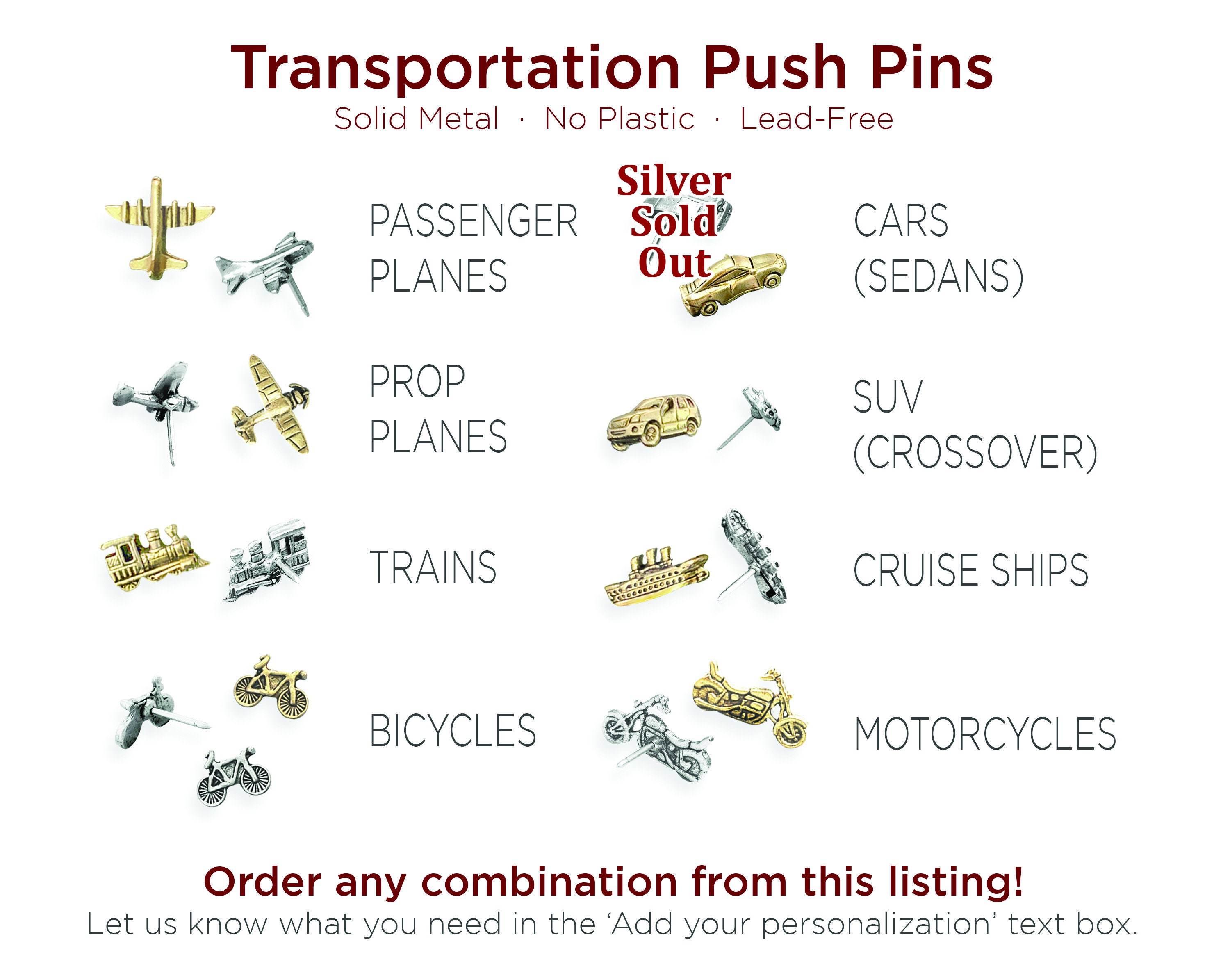Combination Travel Push Pins, Mix & Match Map Markers, Metal Thumb ...