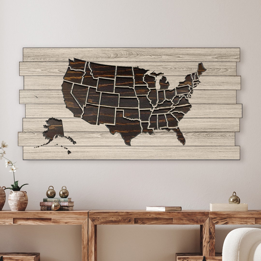 US Push Pin Map Wood Wall Art - Pallet Style Carved Wooden Map ...