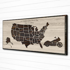 Motorcycle Name Sign for Couples | Motorcycle Road Trip Map | Wood Carved Travel Map | Rally Locations | gift idea for biker couples