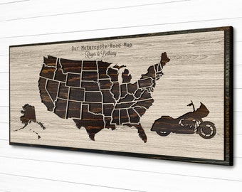 Motorcycle Name Sign for Couples | Motorcycle Road Trip Map | Wood Carved Travel Map | Rally Locations | gift idea for biker couples