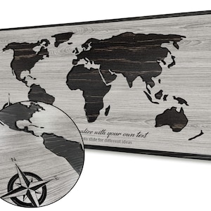 Anniversary gift for husband or wife - Carved wooden map - World push pin map- World map wall art - Custom text - Large world map