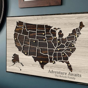 Push pin map USA - Carved wooden map - Insert pins by hand - Custom US map art - 5th anniversary gift idea - last name sign