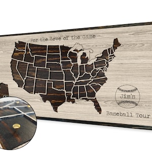 May include: A wooden map of the United States with a baseball graphic and the text "Jim's Baseball Tour" and "For the Love of the Game".