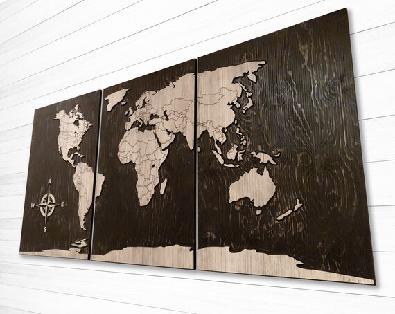 World Map, World Map Art, Wood Wall Art, Map of World, World map with country lines, Unique, Decorating Idea, Howdy Owl Maps, Carved, 3D Art