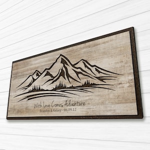 Family Name and Established Date Sign, Custom Text Mountain Wall Art, Wood Carved Mountain Picture, Unique Anniversary or Wedding Gift