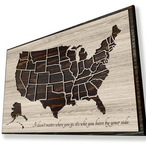 US Push Pin Map - Carved Wooden Map - US Travel Map Picture - Framed map of the United States - Wedding Anniversary - Track your travels