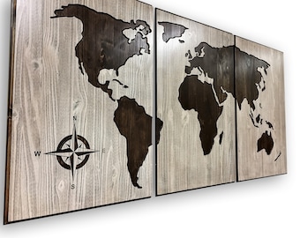 Carved Wood World Map Wall Art, 3 Panel Home Decor