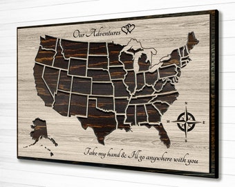 Push Pin Map - Map to Mark Travels - Travel Log - Wood US Map Wall Art - Anniversary Gift - Wedding gift idea - Gift for husband