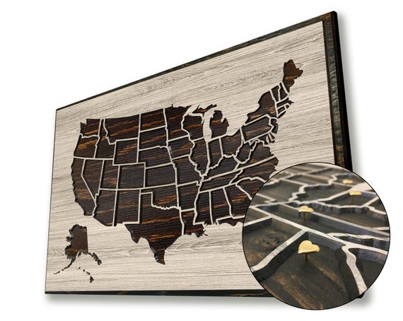 US Map wall art carved into solid wood to hang on wall in home or office, US Map of the States, push pin travel map anniversary gift