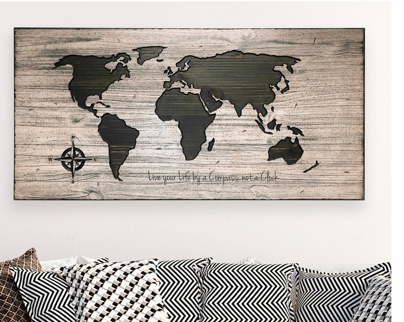 Quote Sign Wooden Map World Map Wall Art Live your life by | Etsy