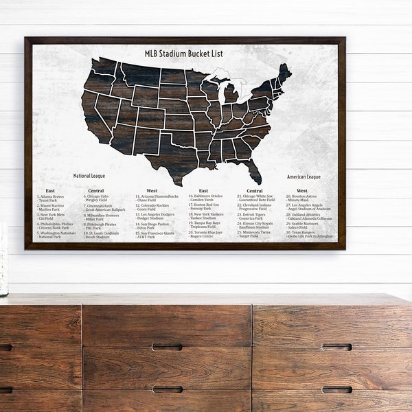 Push Pin Baseball Bucket List US Map | All ball parks listed | Major League baseball fields | Pin Stadium Locations | Unique Gift Idea